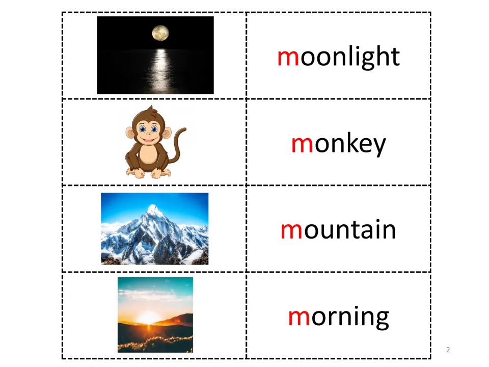 Letter M picture-word cards: moonlight, monkey, mountain and morning, each with its initial m in red beside a photo