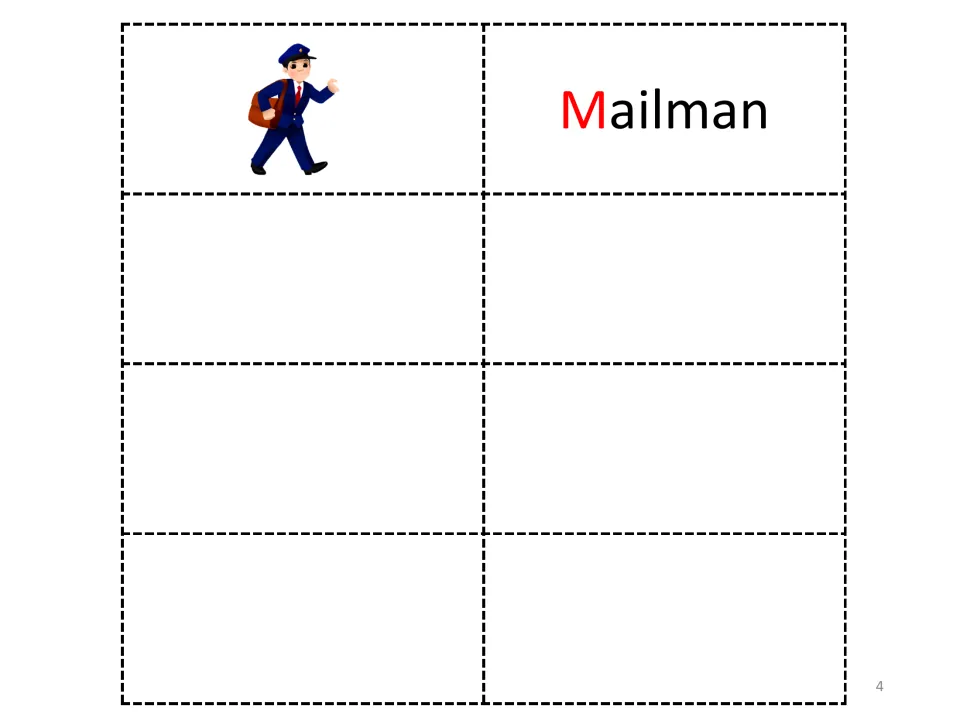 Final letter M vocabulary card pairing a walking mail carrier picture with the word Mailman, its capital M in red