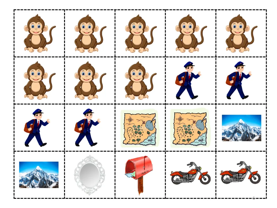 Story picture pieces to cut out: monkeys, mailmen, maps, mountains, a mirror, a mailbox and motorcycles for the story