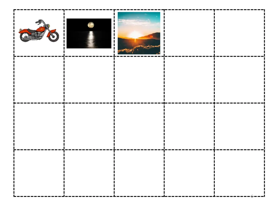 Remaining cut-out story pieces: a motorcycle, a moonlit sea photo and a sunrise photo for students to add to the book