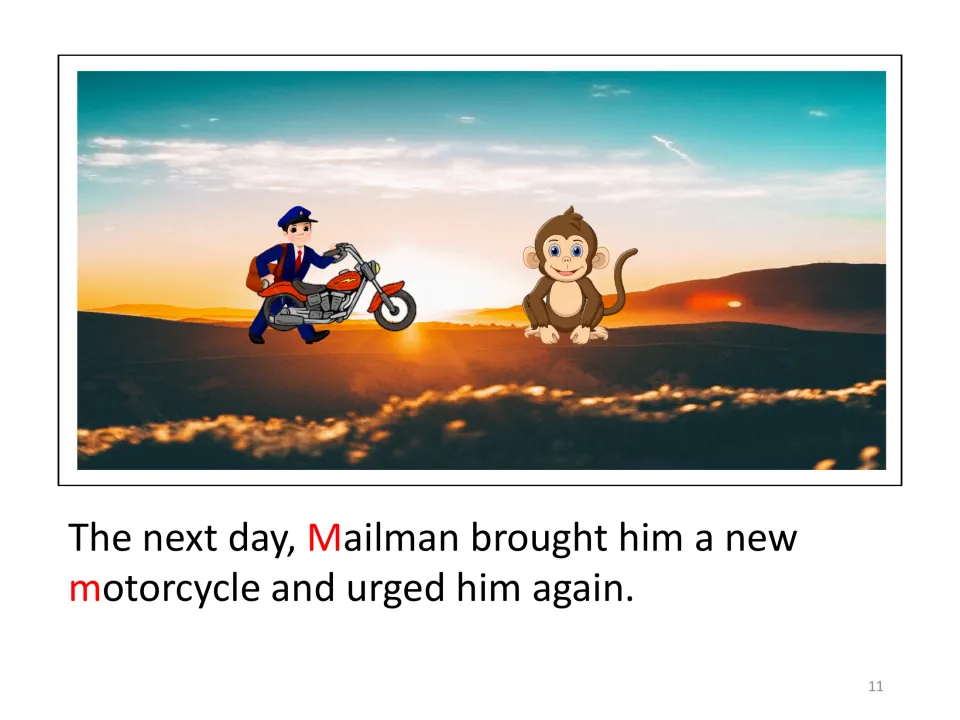 Story page: the next day Mailman arrives with a new motorcycle and urges Monkey again, with the m words starting in red