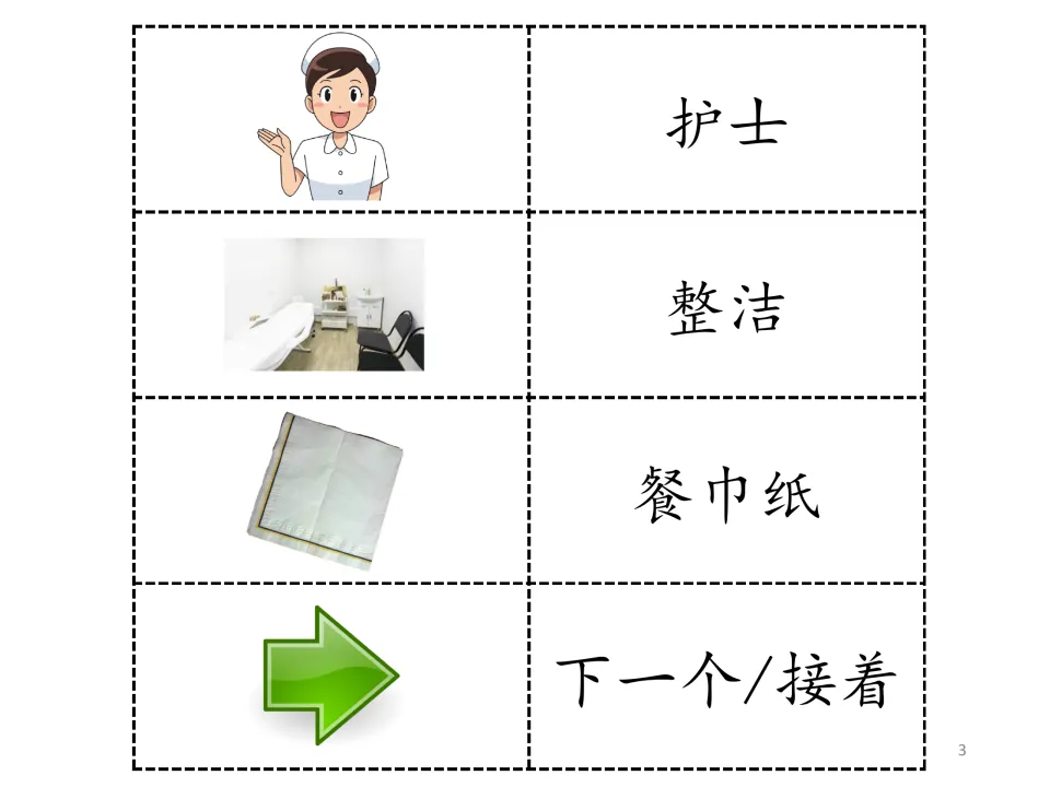 Letter N story vocabulary: 护士 (nurse), 整洁 (neat), 餐巾纸 (napkin), and 下一个/接着 (next), paired with pictures