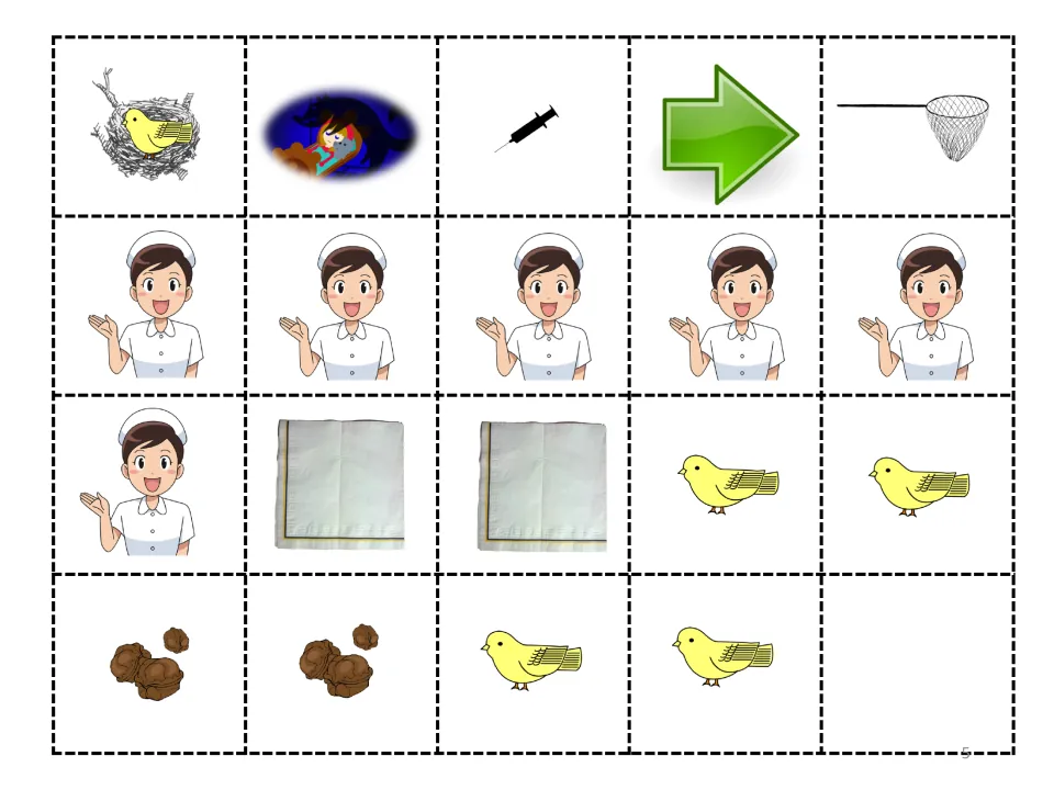 Letter N story cut-and-glue sheet: 19 pictures including six nurses, four birds, two napkins, and two nut groups