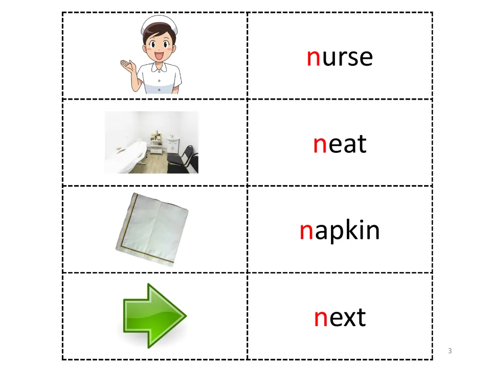 Letter N picture vocabulary entries 5–8: nurse, neat, napkin, and next, each with its initial n in red.