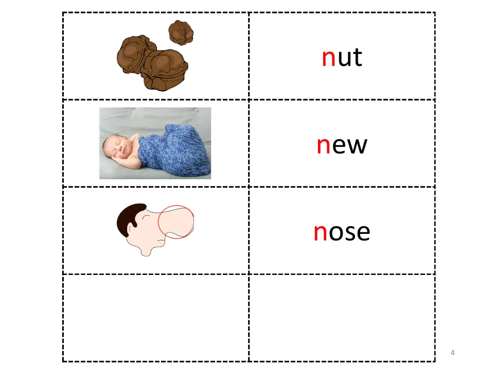 Letter N picture vocabulary entries 9–11: nut, new, and nose, illustrated by nuts, a newborn, and a nose.
