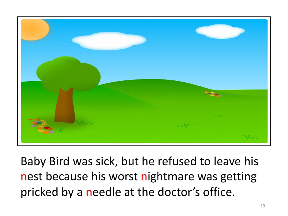 Student-illustration story opening repeats Baby Bird’s fear of a needle, with scenery ready for cutouts.