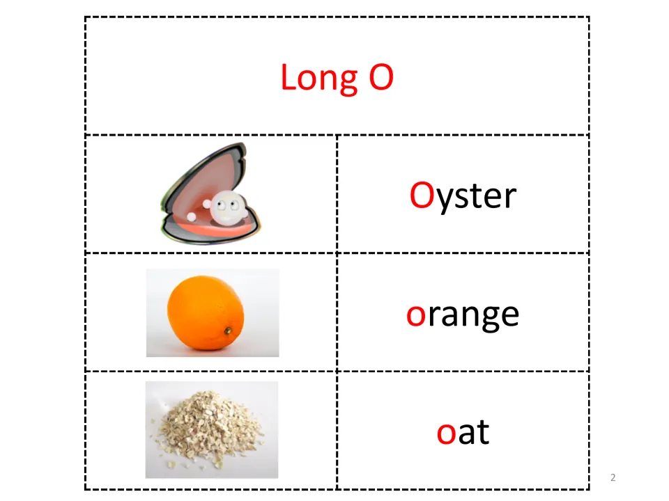 Letter O vocabulary page headed “Long O” pairs pictures with Oyster, orange, and oat, highlighting O in red.