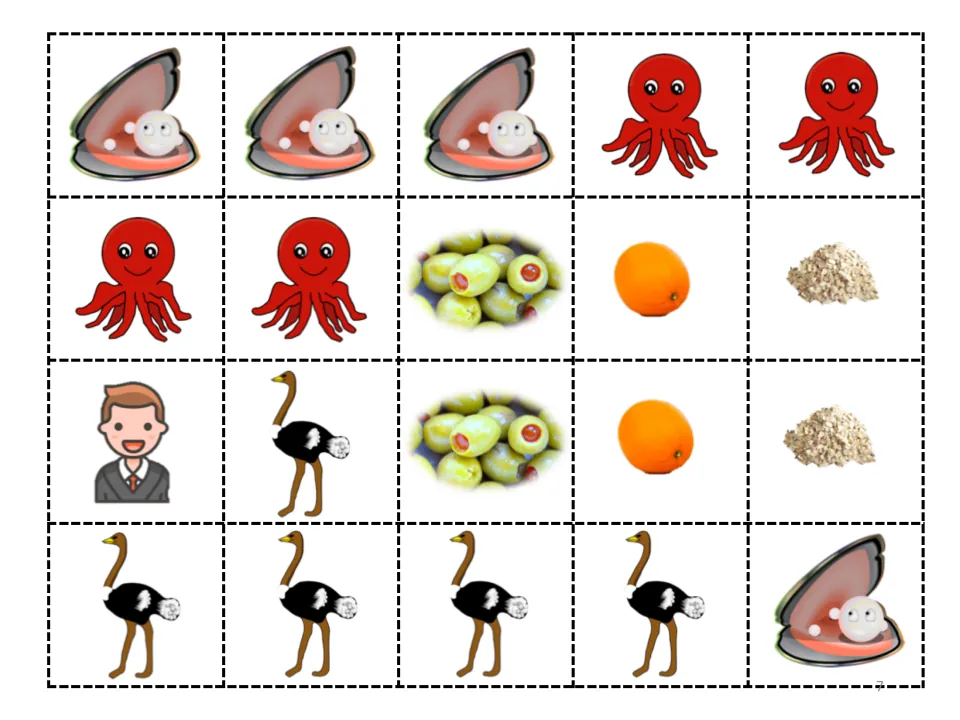 Letter O story cutouts: 20 pictures of oysters, octopuses, olives, oranges, oats, an official, and ostriches.