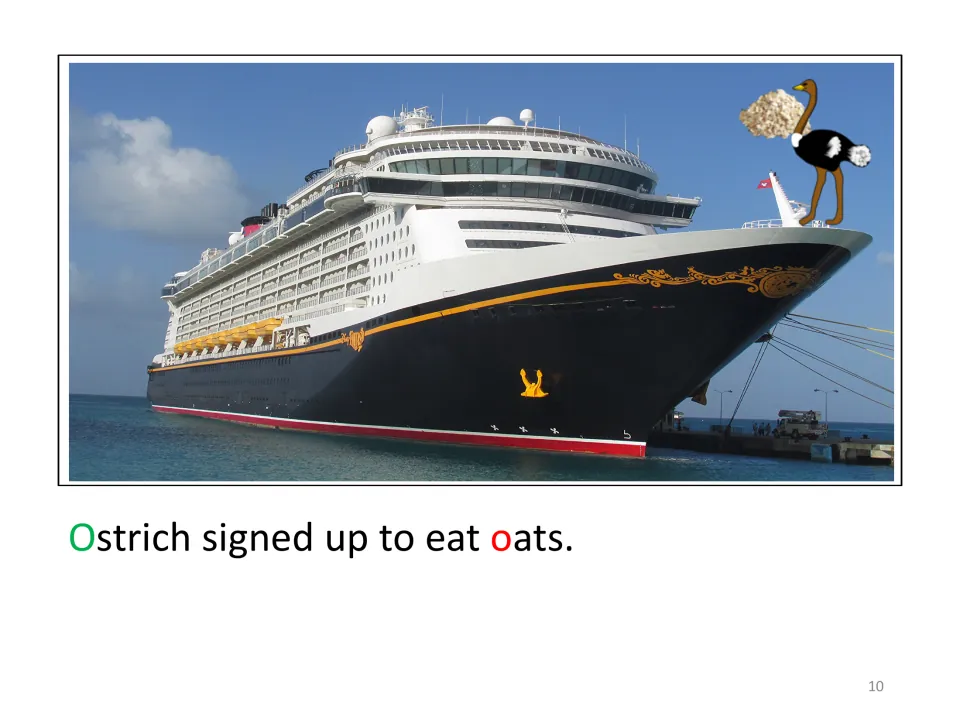 Letter O story page reads “Ostrich signed up to eat oats,” showing Ostrich with oats aboard the cruise ship.