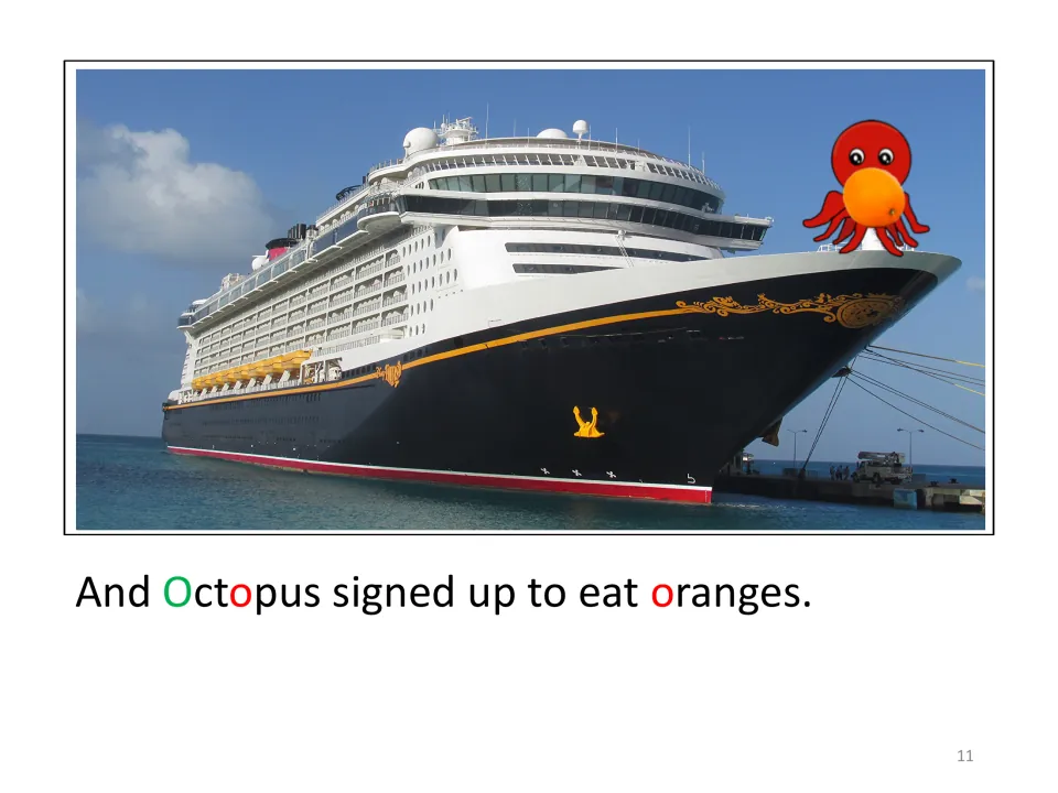 Letter O story page reads “And Octopus signed up to eat oranges,” showing Octopus with an orange on the ship.