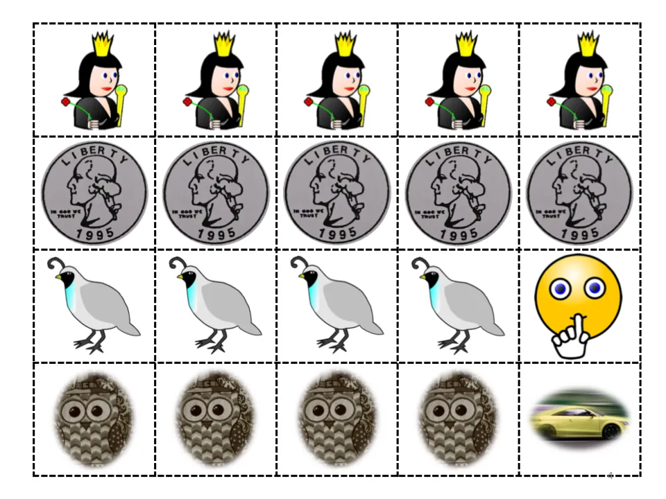 Story cutouts: five queens, five quarters, four quails, four quilts, and pictures for quiet and quick
