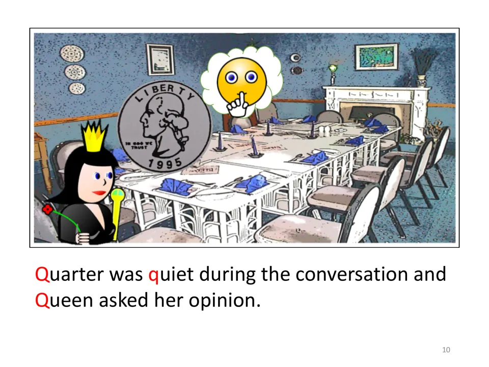Illustrated story scene: Quarter was quiet during the conversation, and Queen asked for her opinion