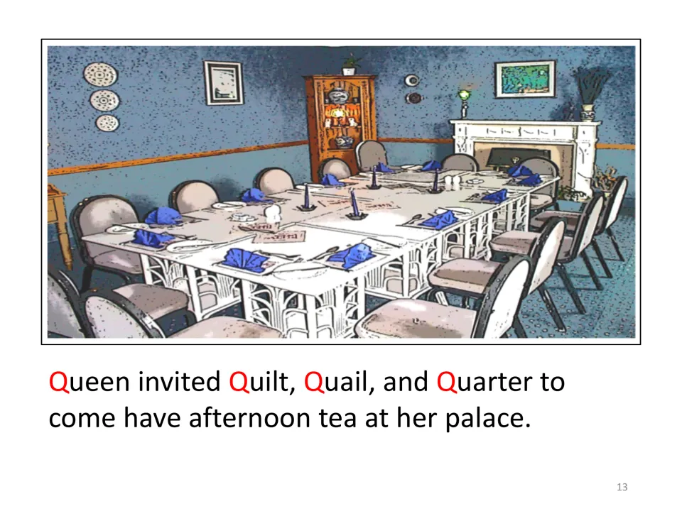 Story scene for adding cutouts: Queen invites Quilt, Quail, and Quarter to afternoon tea at her palace