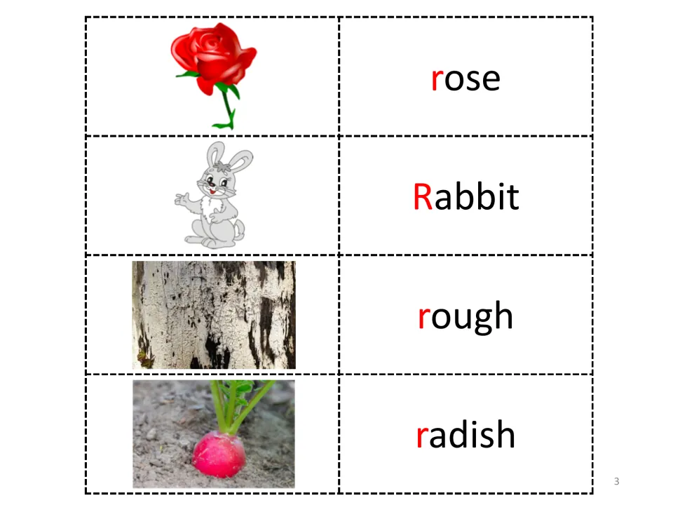 More R vocabulary cards pairing pictures with rose, Rabbit, rough and radish to practise the initial r sound