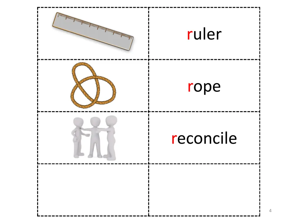 Final R word cards show a ruler, a knotted rope and three figures for reconcile, plus one blank card pair