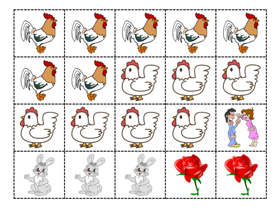 Cut-out story pictures for the interactive book: seven roosters, seven hens, a rumpus couple, three rabbits and two roses