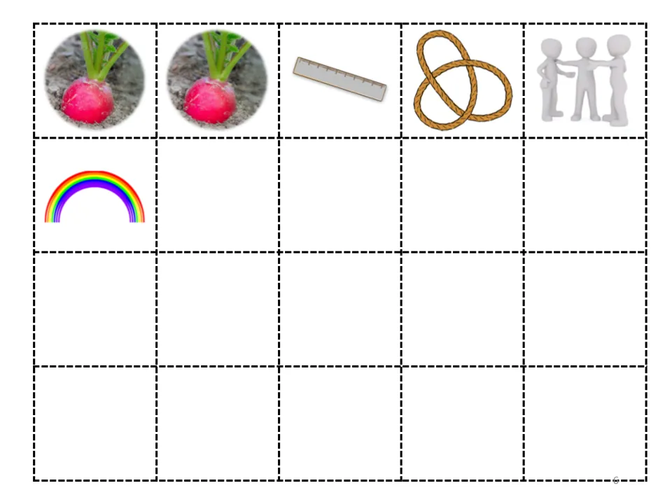 More cut-out story pictures: two radishes, a ruler, a rope, three reconciling figures and a rainbow, with blank spaces