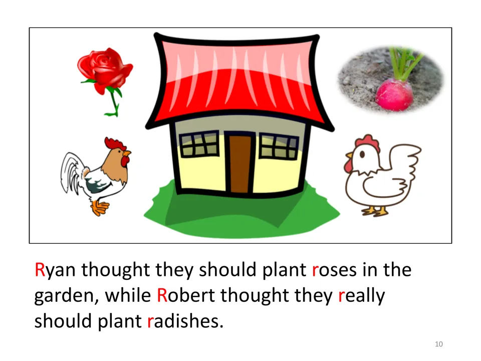 Story page: Ryan wants to plant roses and Robert wants radishes, with a rooster, hen, rose and radish by a red-roofed house
