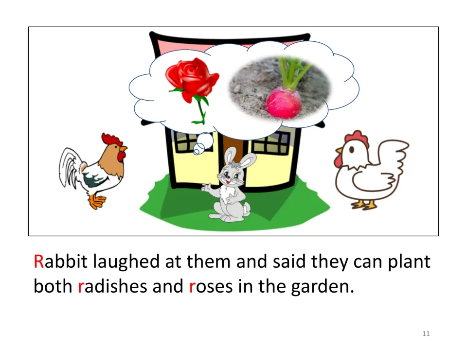 Story page: Rabbit laughs and says they can plant both radishes and roses, with a thought bubble holding a rose and radish