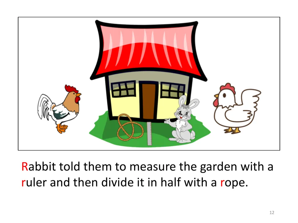 Story page: Rabbit tells them to measure the garden with a ruler and divide it in half with a rope