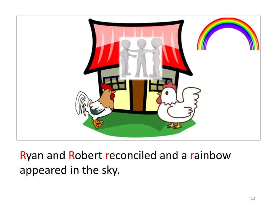Story page: Ryan and Robert reconcile and a rainbow appears, with the rooster and hen together and three figures linked
