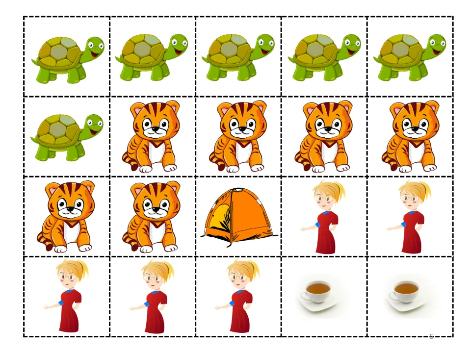 Storybook cut-and-glue sheet: 20 pictures showing six turtles, six tigers, one tent, five teachers, and two teas