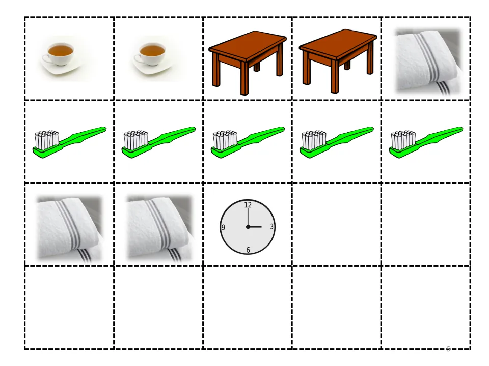 Storybook cut-and-glue sheet: 13 pictures showing two teas, two tables, three towels, five toothbrushes, and a clock