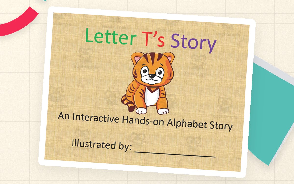 Letter T’s Story cover with cartoon tiger and interactive hands-on alphabet subtitle.