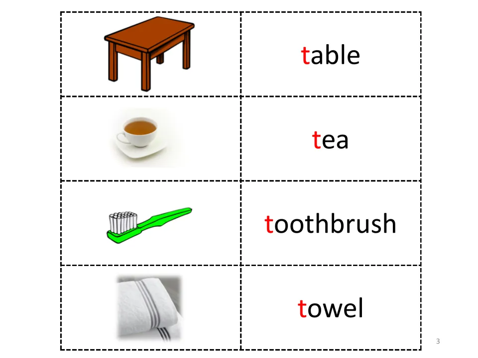 Letter T vocabulary cards: table, tea, toothbrush and towel pictured beside their words, with the initial t marked in red