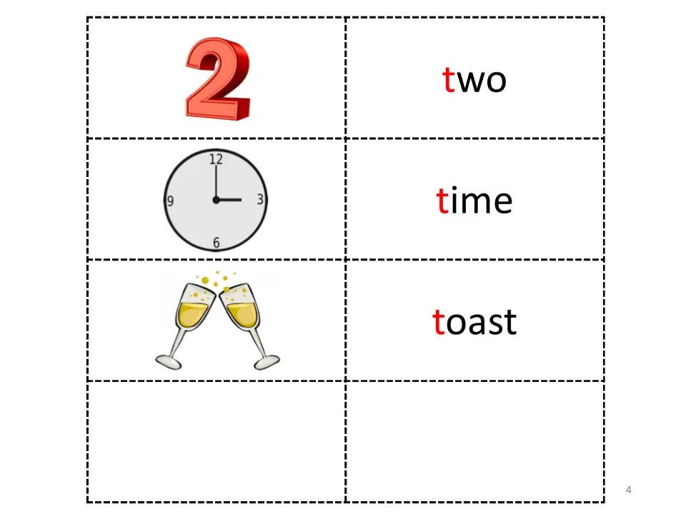 Letter T word cards for two, time and toast shown with a number 2, a clock and two glasses, plus one blank card to fill
