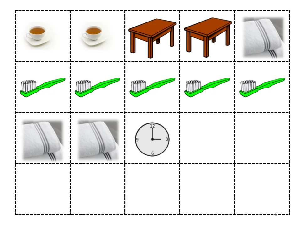 More story cut-out pieces: tea cups, two tables, towels, five toothbrushes and a clock, with blank squares left over