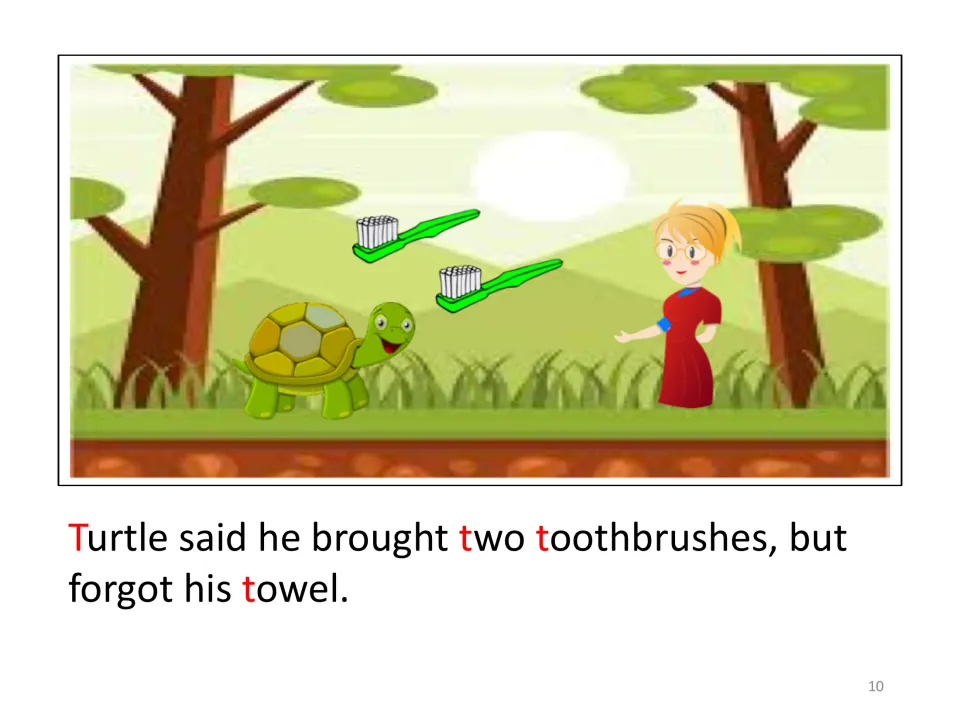Story page: Turtle says he brought two toothbrushes but forgot his towel, shown with the teacher in a forest scene