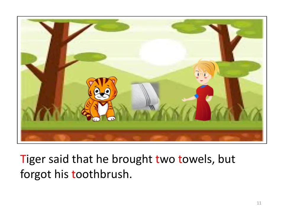 Story page: Tiger says he brought two towels but forgot his toothbrush; the tiger, a towel and the teacher in the woods