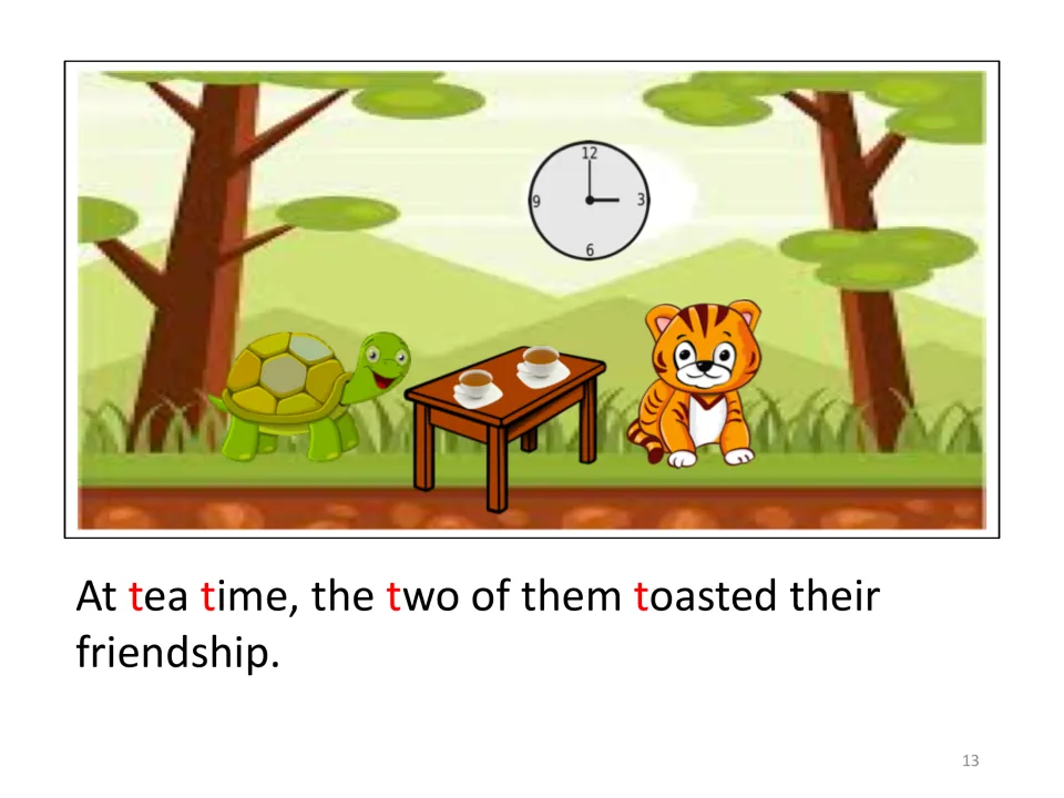 Story ending: at tea time Turtle and Tiger toast their friendship at a table with two cups of tea and a clock above