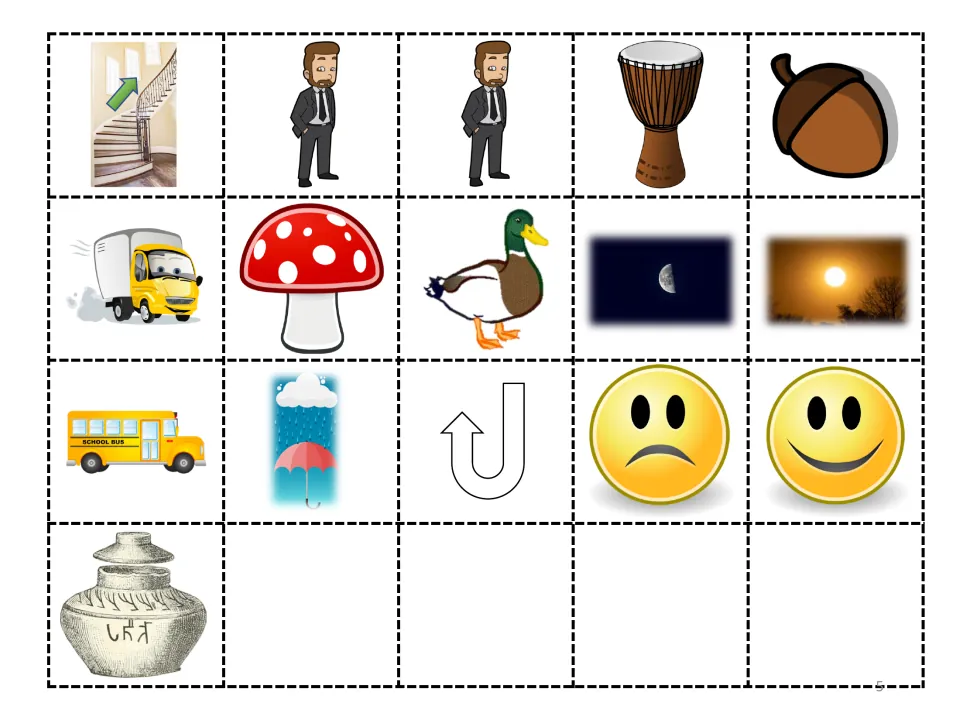 Letter U story cut-and-paste sheet of 16 pictures, including stairs, two uncles, a drum, and an acorn