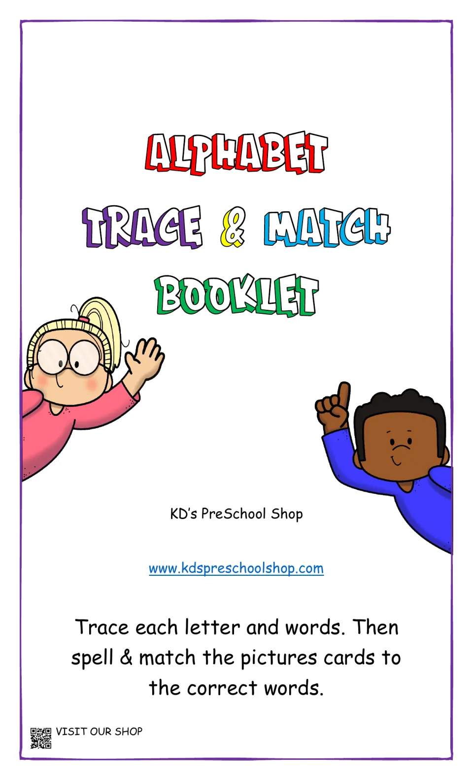 Alphabet Trace & Match Booklet cover: students trace each letter and word, then spell and match picture cards to words