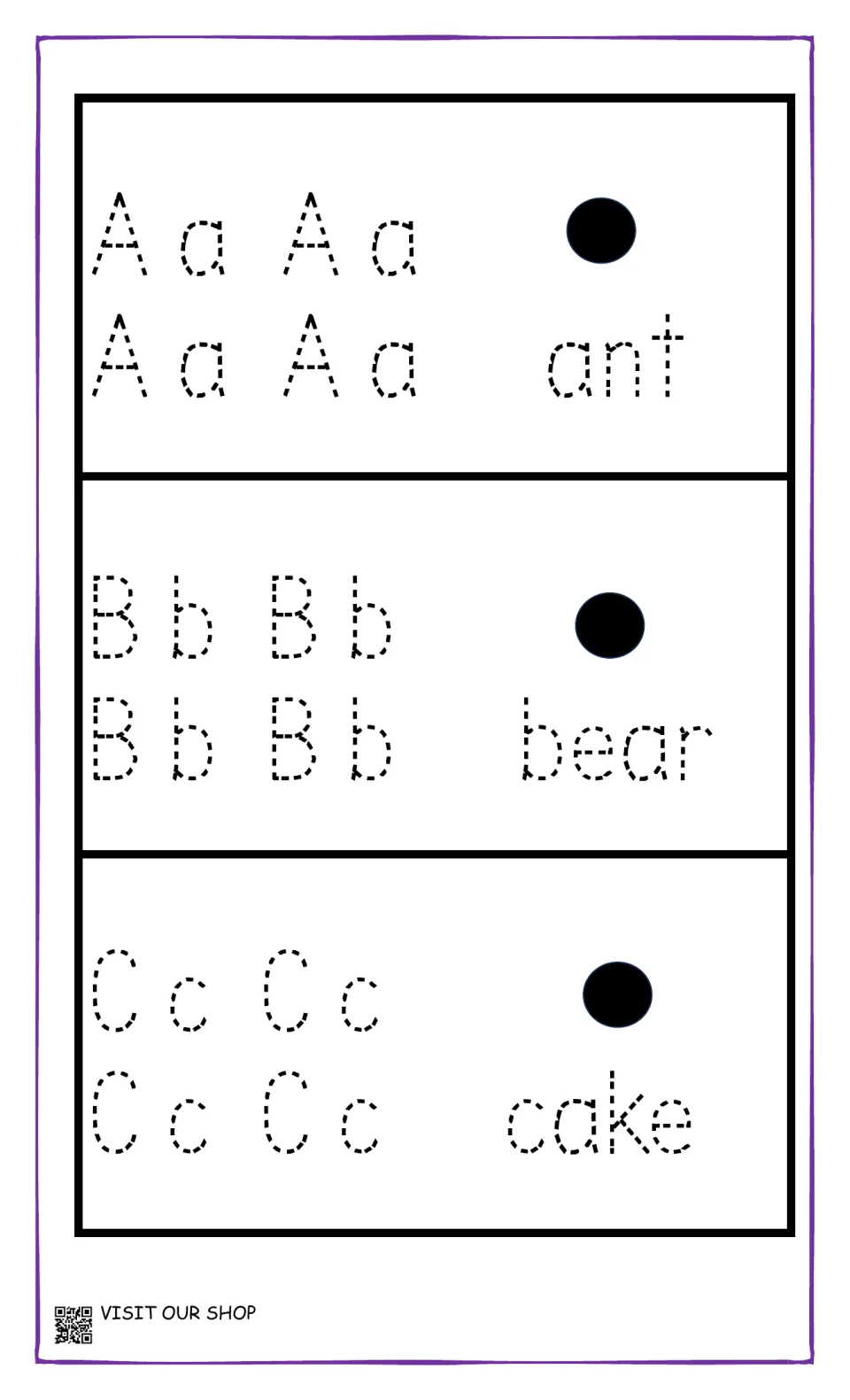 Letters A, B and C: students trace Aa, Bb and Cc four times each, plus the words ant, bear and cake, for letter formation
