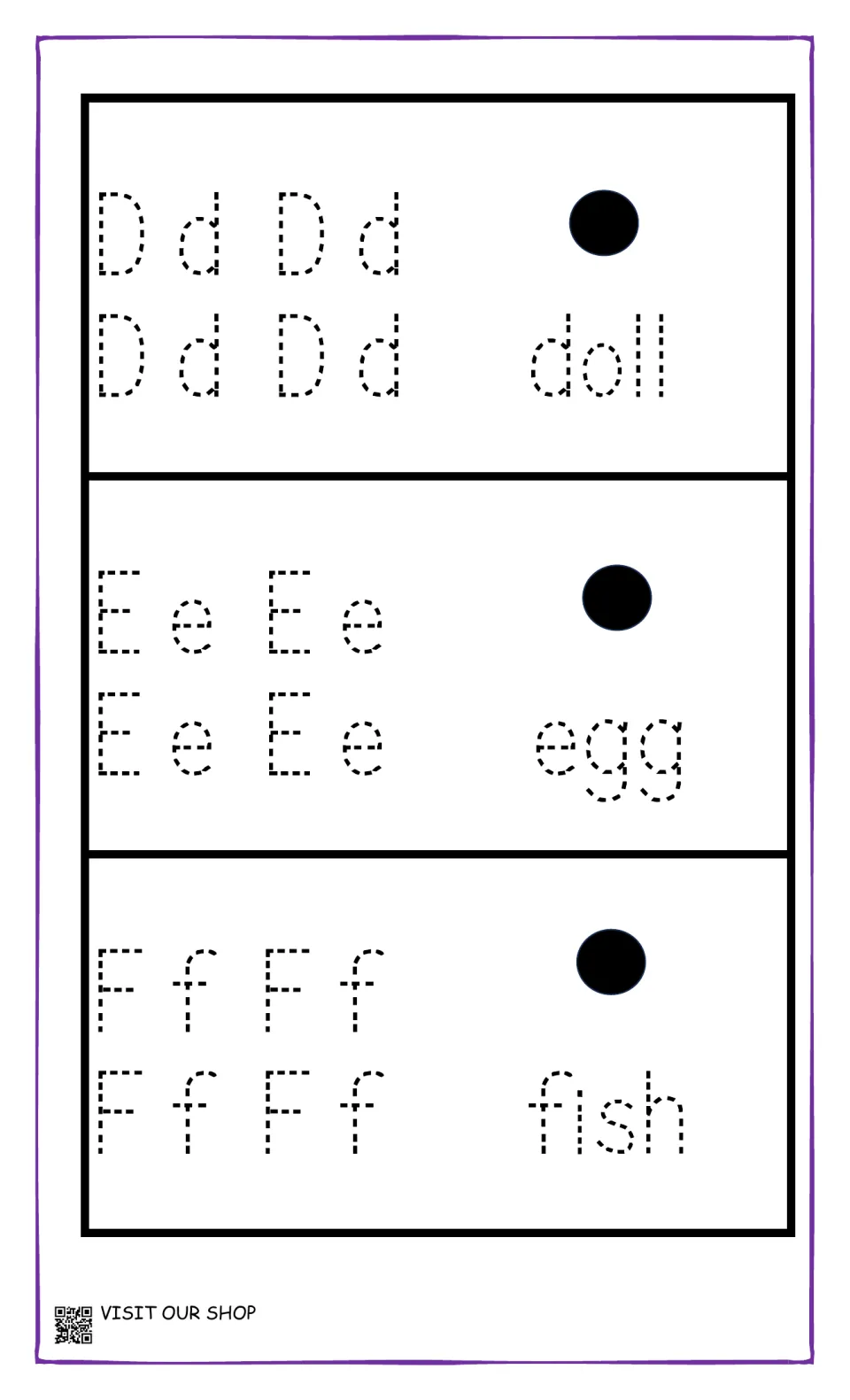 Letters D, E and F: students trace Dd, Ee and Ff four times each and the words doll, egg and fish to practise handwriting