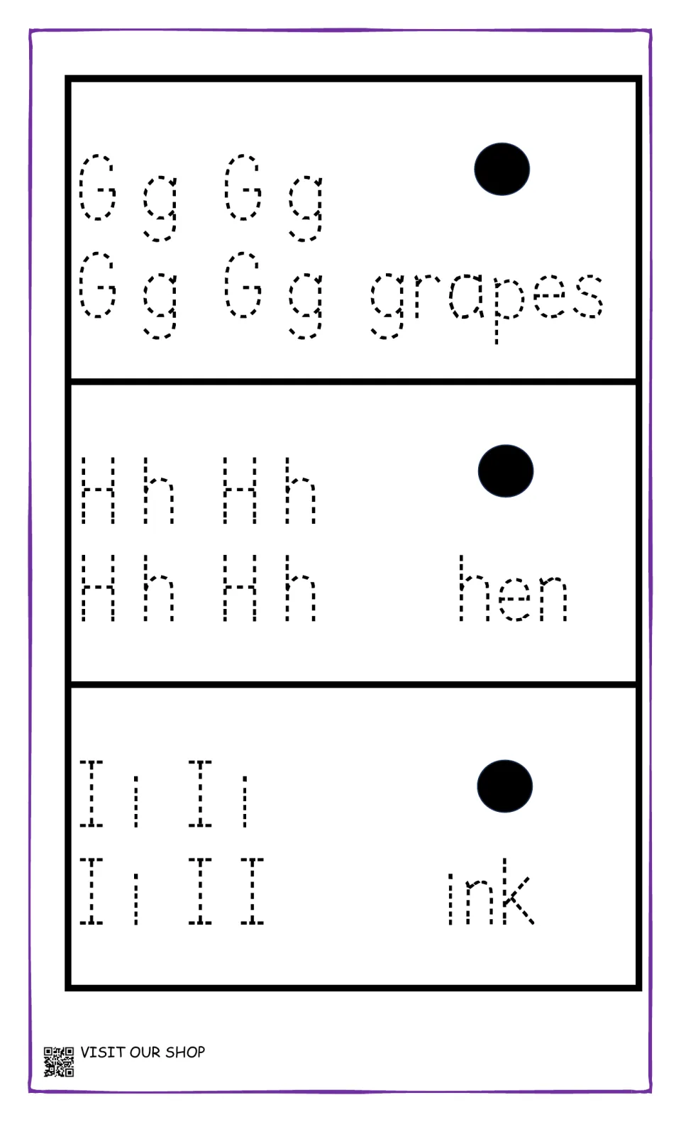 Letters G, H and I: students trace Gg, Hh and Ii four times each and the words grapes, hen and ink for letter formation