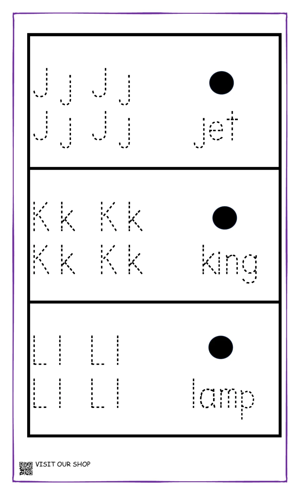 Letters J, K and L: students trace Jj, Kk and Ll four times each, then trace jet, king and lamp as whole words