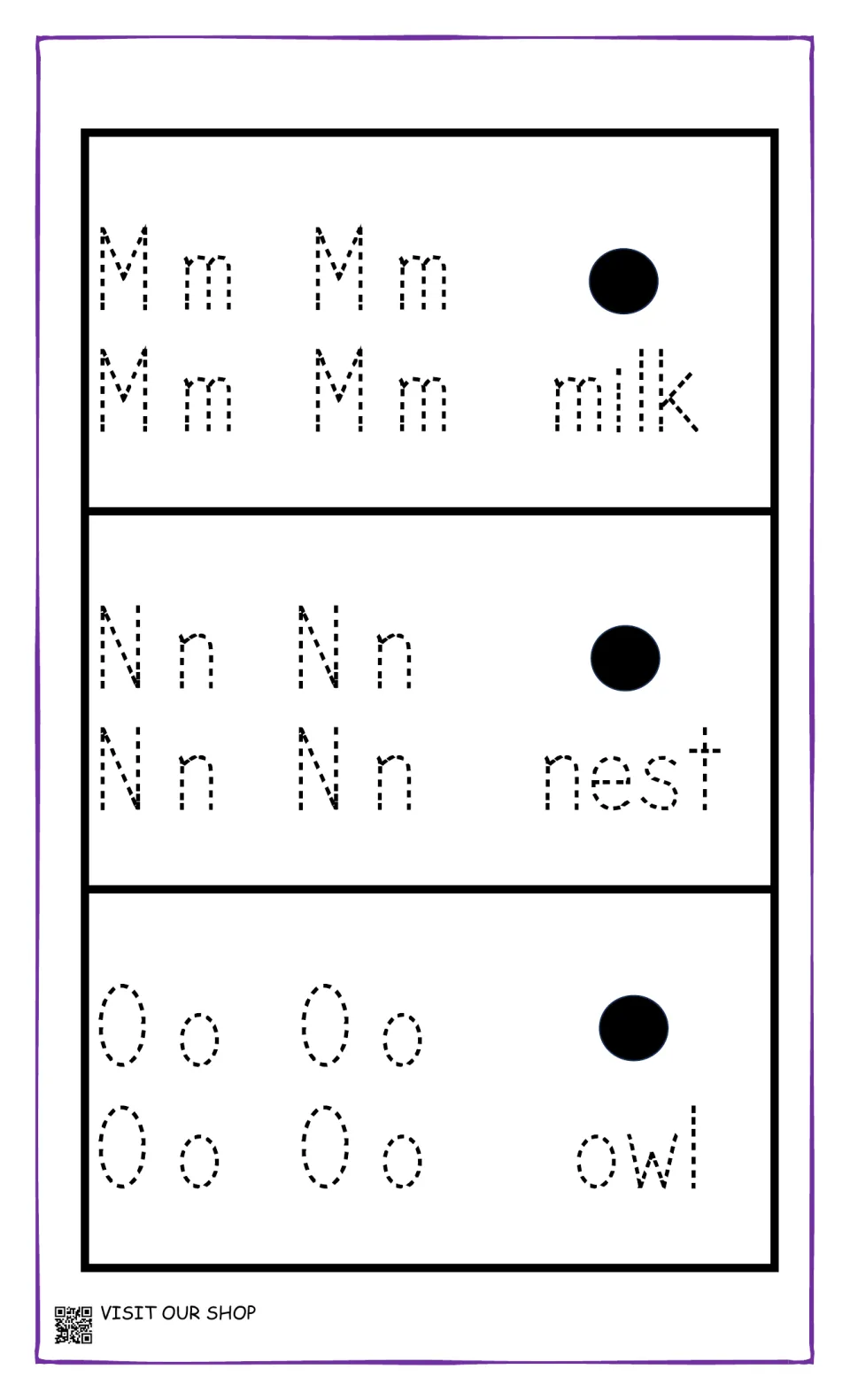 Letters M, N and O: students trace Mm, Nn and Oo four times each and the words milk, nest and owl for handwriting