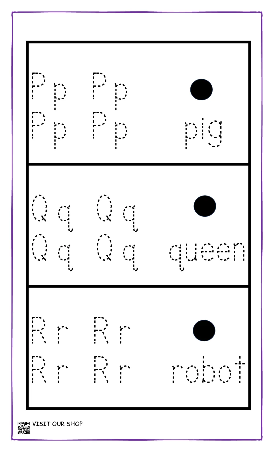 Letters P, Q and R: students trace Pp, Qq and Rr four times each, then the words pig, queen and robot for handwriting