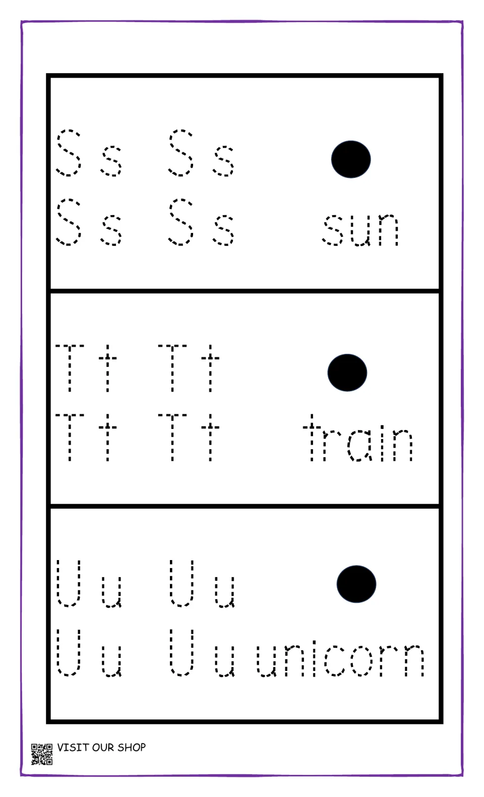 Letters S, T and U: students trace Ss, Tt and Uu four times each and the words sun, train and unicorn to practise writing