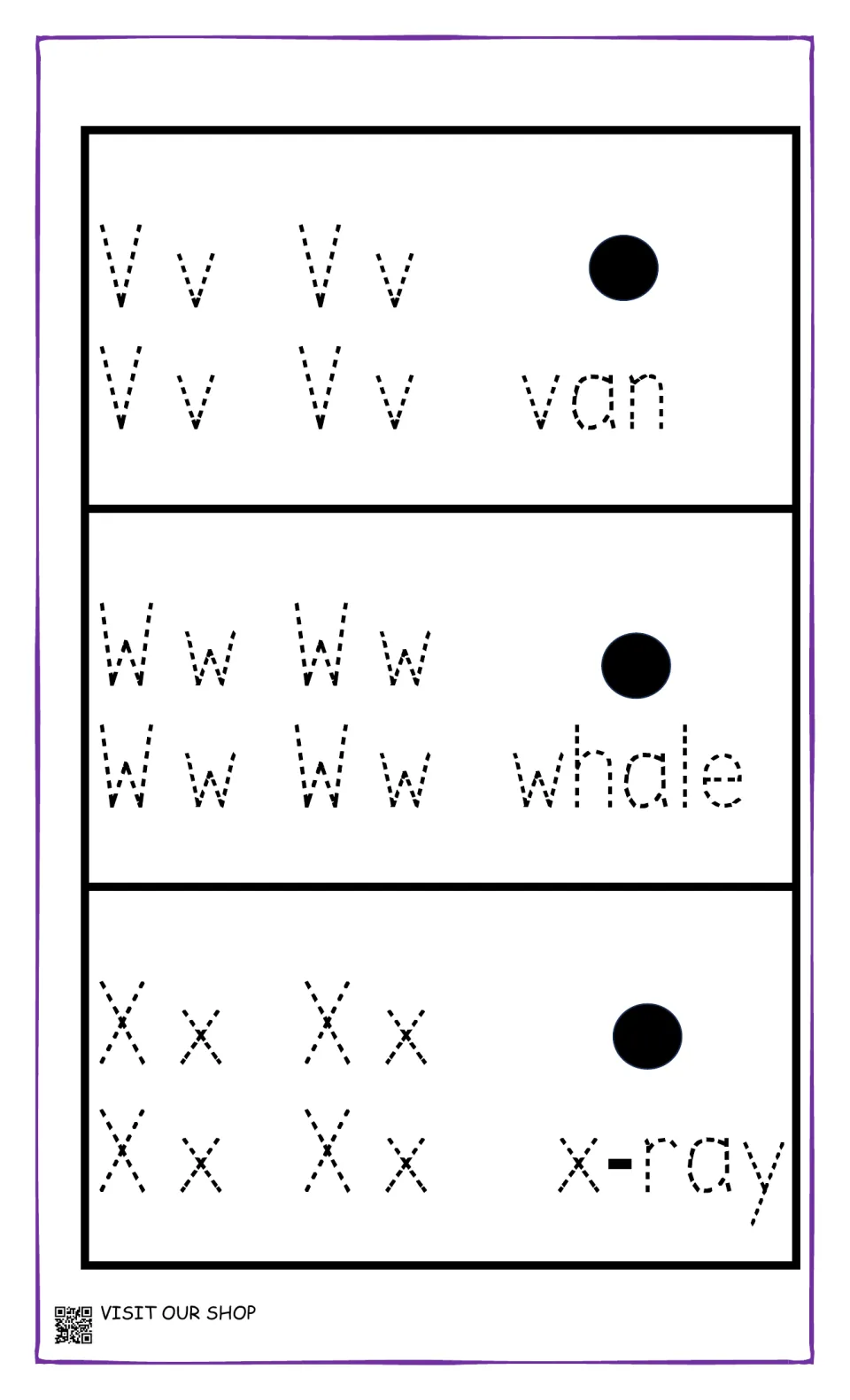 Letters V, W and X: students trace Vv, Ww and Xx four times each, then the words van, whale and x-ray to practise strokes