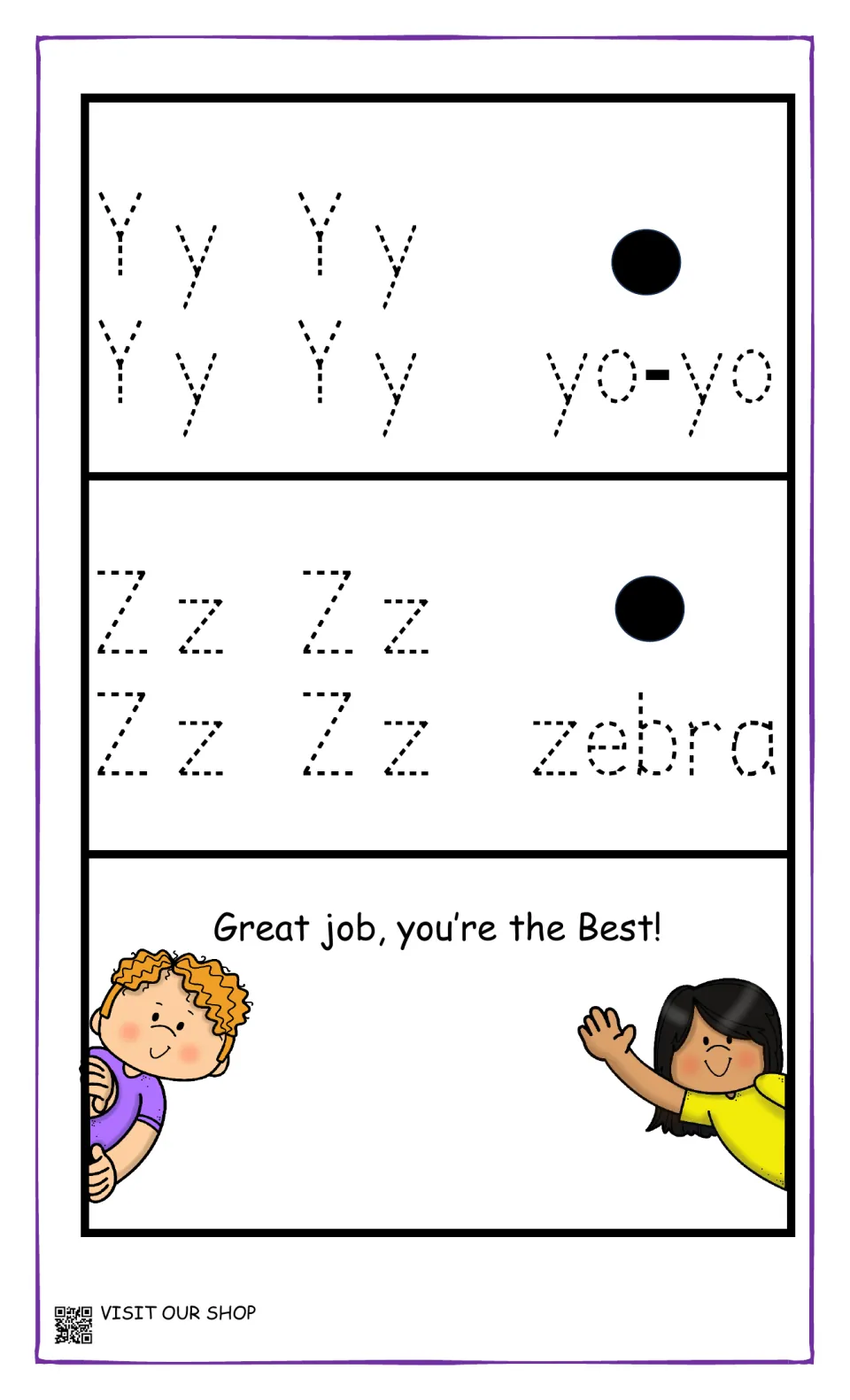 Letters Y and Z: students trace Yy and Zz four times each and the words yo-yo and zebra, then a "Great job" cheer