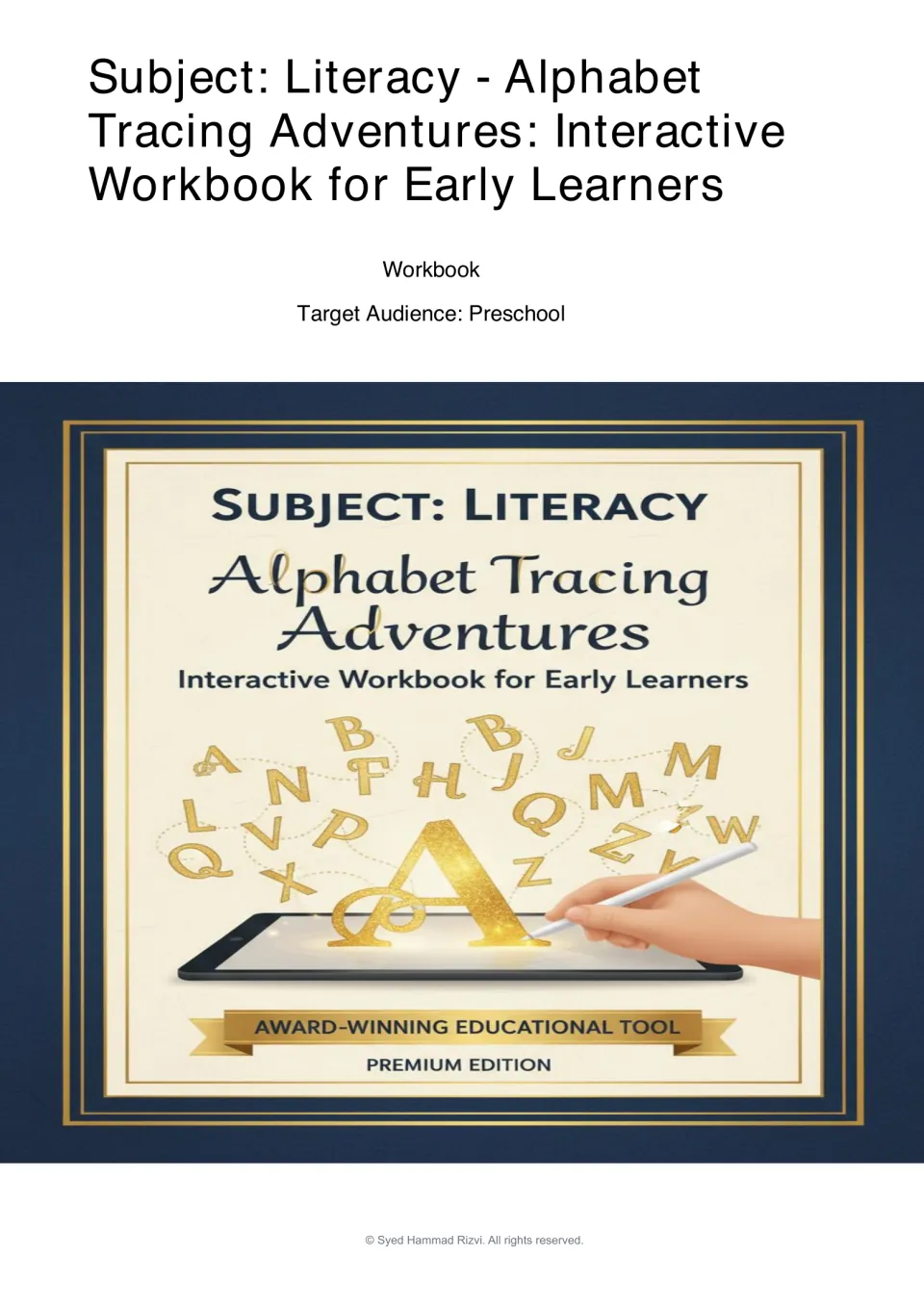 Cover of Alphabet Tracing Adventures: Interactive Workbook for Early Learners, labeled for preschool