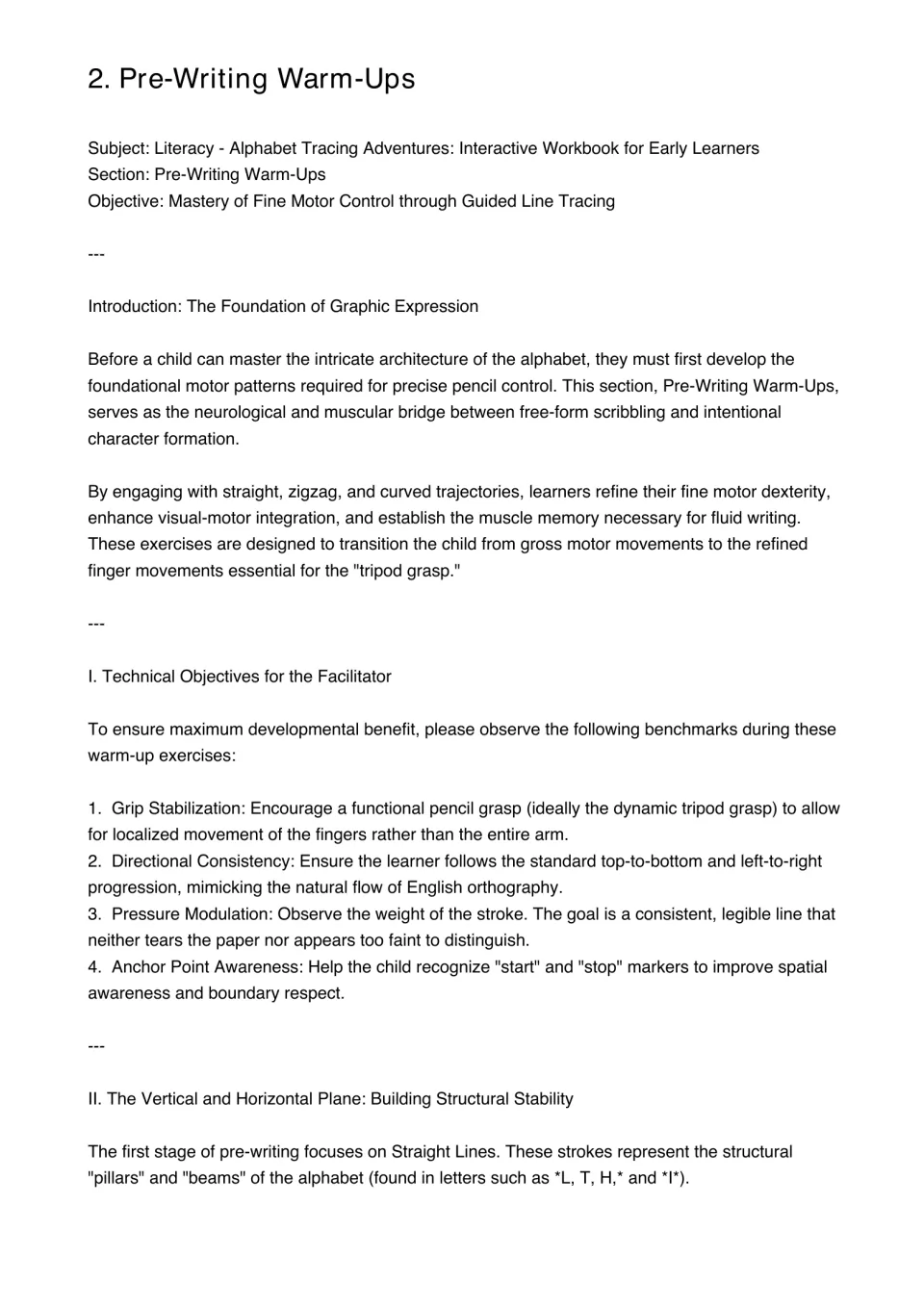 Pre-writing warm-up introduction covers pencil control, stroke direction, pressure, and straight strokes