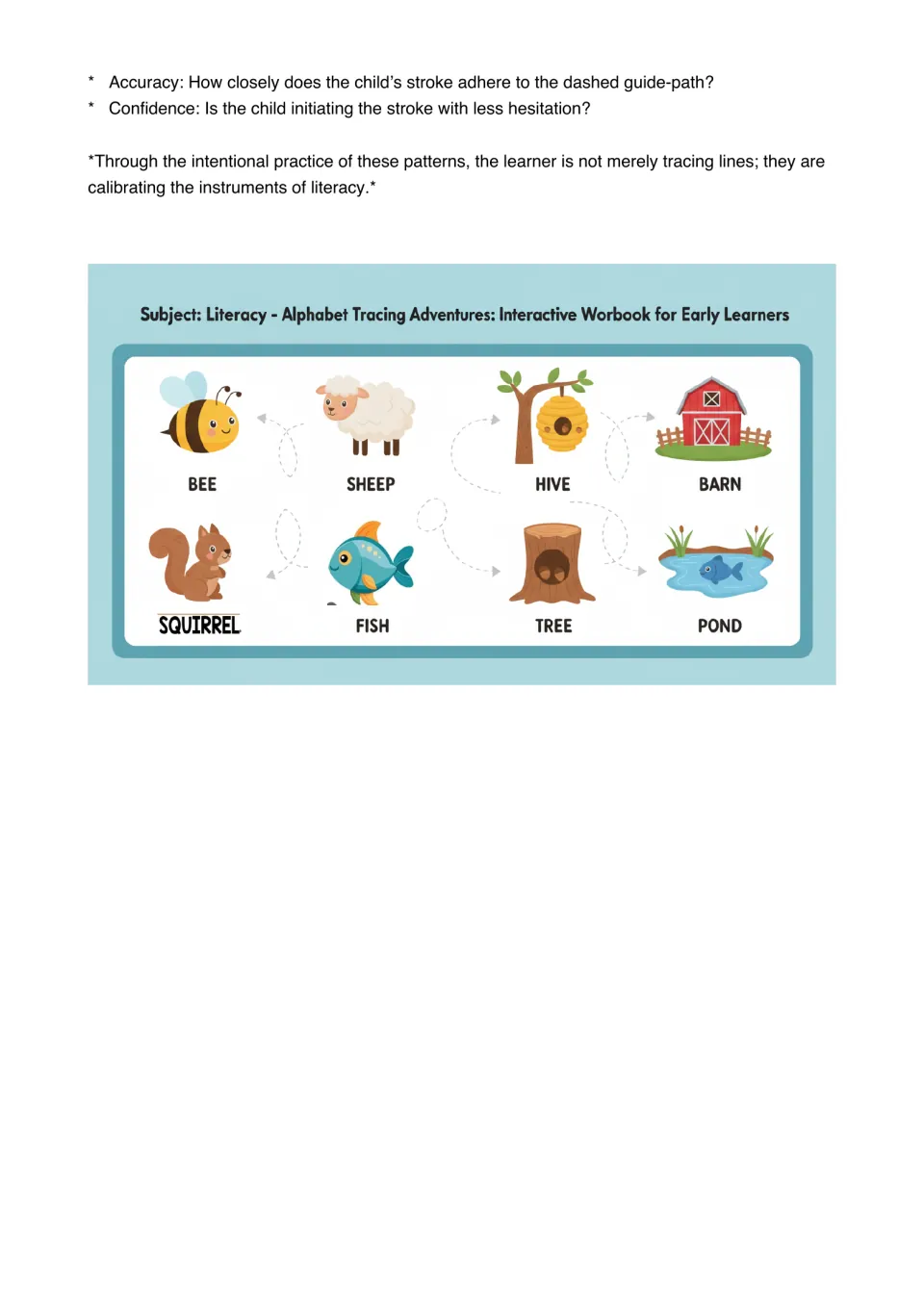 Pre-writing checklist concludes above a tracing illustration labeled bee, sheep, hive, barn, and more