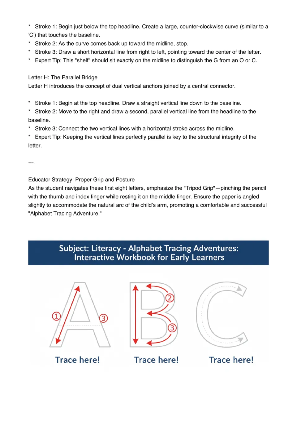 Uppercase G and H stroke instructions conclude the section, followed by grip tips and A, B, C tracing