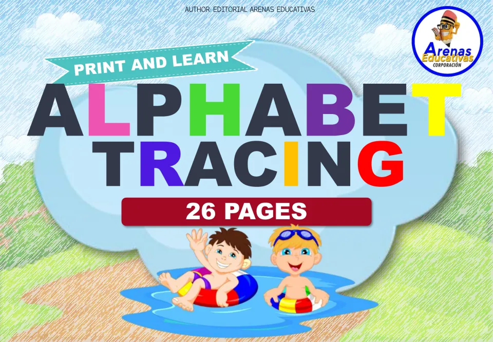 Print and Learn Alphabet Tracing cover by Editorial Arenas Educativas, 26 pages, with two cartoon kids floating in a pool